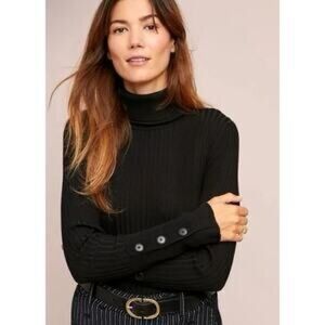 Anthropologie Moth Ribbed Button-Cuff Turtleneck Black